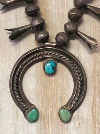 OLD PAWN VTG NAVAJO TURQUOISE STERLING SILVER SQUASH BLOSSOM BENCH BEAD NECKLACE 3
