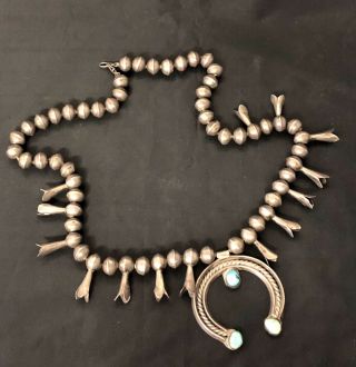 OLD PAWN VTG NAVAJO TURQUOISE STERLING SILVER SQUASH BLOSSOM BENCH BEAD NECKLACE 5