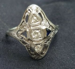 Size 9 Antique ART DECO Estate Ring Natural Diamond Blue Sapphire 18k White Gold 2