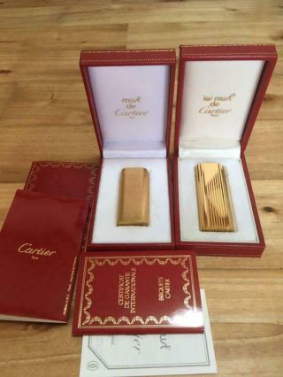 Vintage Cartier Gas Lighter Swiss Made Gold 2 Set Stripe Mosaic Pattern