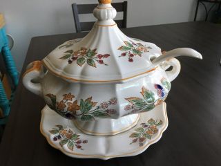Vintage Large 4 Pc Soup Tureen Pedestal White Ceramic,  Flowers & Serving Platter