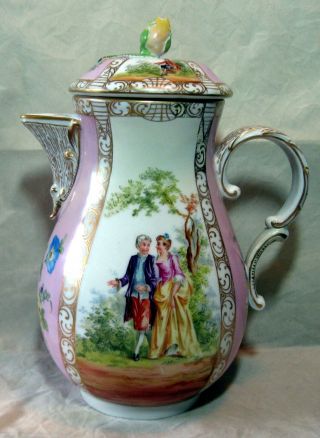 A Antique Dresden Carl Thieme Porcelain Quatrefoil Chocolate Pot
