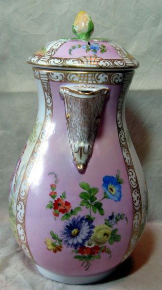 A Antique Dresden Carl Thieme Porcelain Quatrefoil Chocolate Pot 2