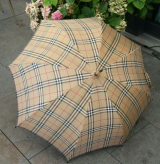 Vintage Burberry Nova Check Umbrella With Carved Wood Handle