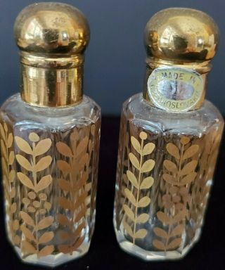 Vintage Tiny Czech Bohemian Crystal Perfume Bottles W/24k Gold Design