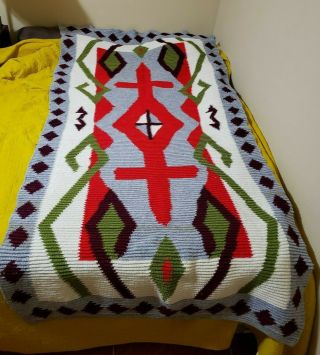 Vtg Hand Crochet Afghan Throw Blanket 41.  5 " X 89.  5 " Red/grey/white/green/purple