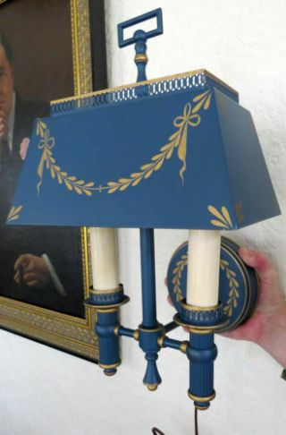 Vintage Tole Toleware Mid Century Modern Blue Wall Sconce Lamp Light