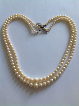 Fine Vintage Double Graduated Cultured Pearl Necklace / 9ct White Gold Clasp
