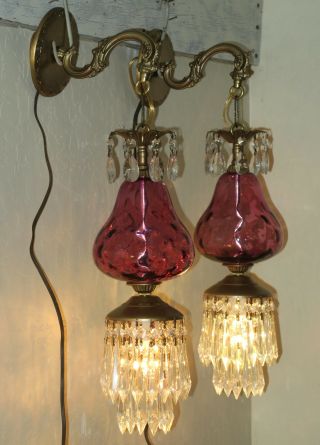 2 Vintage Fenton Victorian Cranberry art Glass Bronze Brass Sconces lamp crystal 11