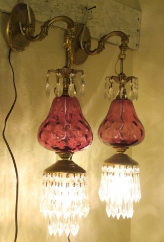 2 Vintage Fenton Victorian Cranberry art Glass Bronze Brass Sconces lamp crystal 12