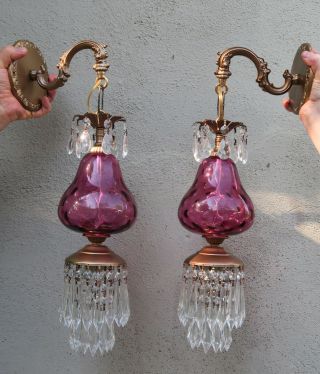 2 Vintage Fenton Victorian Cranberry Art Glass Bronze Brass Sconces Lamp Crystal