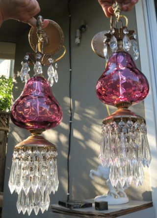 2 Vintage Fenton Victorian Cranberry art Glass Bronze Brass Sconces lamp crystal 3