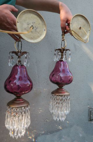 2 Vintage Fenton Victorian Cranberry art Glass Bronze Brass Sconces lamp crystal 6