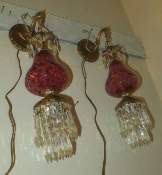2 Vintage Fenton Victorian Cranberry art Glass Bronze Brass Sconces lamp crystal 7