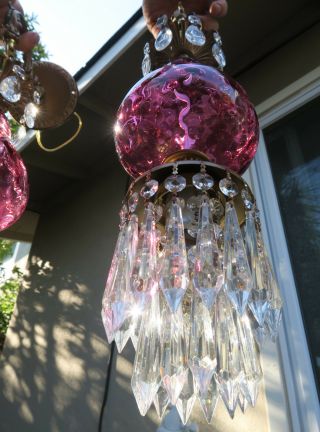 2 Vintage Fenton Victorian Cranberry art Glass Bronze Brass Sconces lamp crystal 8