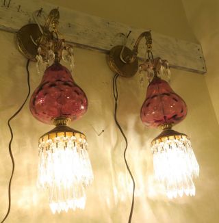 2 Vintage Fenton Victorian Cranberry art Glass Bronze Brass Sconces lamp crystal 9