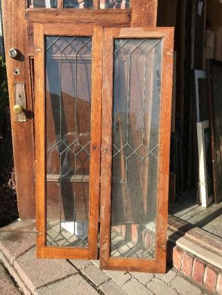 Sg 2199 Matched Pair Antique Leaded Glass Oak Cabinet Doors 15 7/8 X 57 7/8