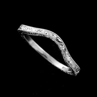 Vintage Style Thin Delicate Solid 14k Gold Curved Engraved Wedding Band 1.  6mm