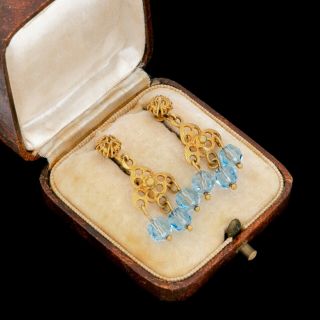 Antique Vintage Art Deco 14k 18k Gold Etruscan Faux Aquamarine Womens Earrings