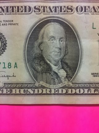 Vintage - Series 1990 $100 US One Hundred Dollar Bill Washington,  D.  C.  L161417118A 3
