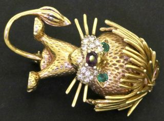 Heavy Vintage 14k Yellow Gold 0.  57ct Diamond Ruby Emerald Lion Brooch