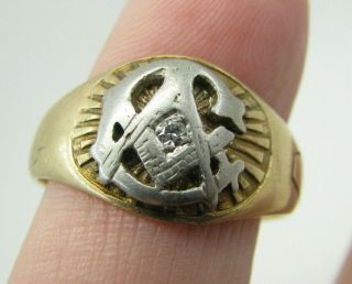 10k Yellow & White Gold Vintage/antique Mason Masonic Diamond Signet Ring Sz 11
