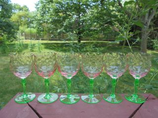 6 Antique Vintage Tiffin Pink & Green Watermelon Glass Wine Goblets 5 1/2 "