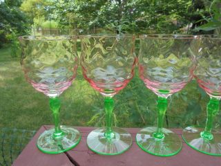 6 Antique Vintage Tiffin Pink & Green Watermelon Glass Wine Goblets 5 1/2 