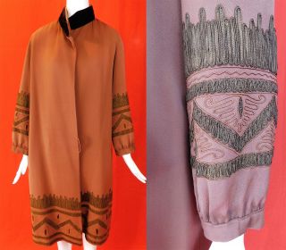 Vintage Art Deco Brown Wool Silk Soutache Braid Raised Embroidered Trim Coat