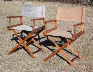 Vintage Solid Wood Frame & Canvas Folding Director Arm Chairs