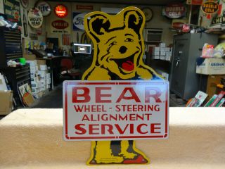 Vintage 1955 Double Sided Bear Service Porcelain Metal Gas Oil Sign