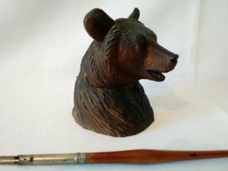 Vintage Antique Carved Wooden Bear With Inkwell And Quill Dip Pen - Black Forest