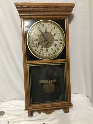 Antique E N Welch Oak Regulator Calendar Wall Clock Key Pendulum 1880 