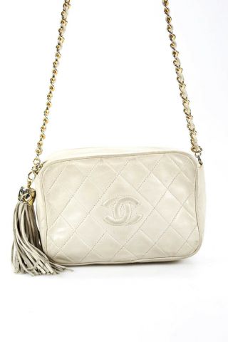 Chanel Womens Vintage Quilted Leather Crossbody Camera Bag Beige Gold Tone