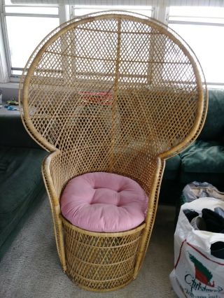 Vintage 54 " Wicker Chair Peacock Fan Back,  Throne,  Natural With Cushion