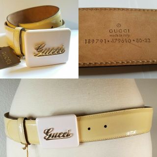 Gucci Gold Script Logo Buckle Vtg Creme Patent Leather Belt 80 / 32