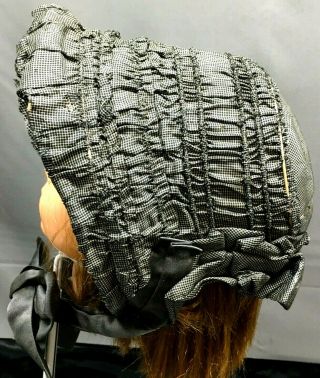 Antique Victorian Poke Bonnet Civil War Era Ruched 1800s B&w Plaid Hat Edwardian