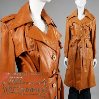 Xl Vintage 1970s Montgomery Ward Cognac Leather Trench Coat Princess Duster 70s