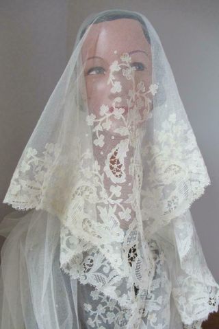 Antique Irish Applique Lace Veil Carrickmacross C1890 Shamrocks Wedding Shawl