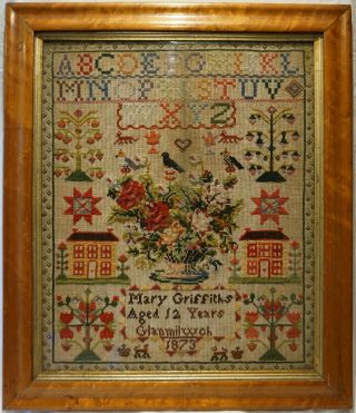 Mid/late 19th Century Welsh Double House & Motif Sampler By Mary Griffiths 1873
