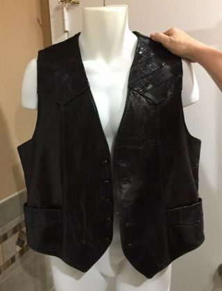 Vintage Western Tony Lama Black Leather Mens Vest With Lizard Accents Size 44