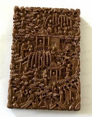 FINE QUALITY ANTIQUE CHINESE CANTONESE CANTON SANDALWOOD CARVED CARD CASE 6