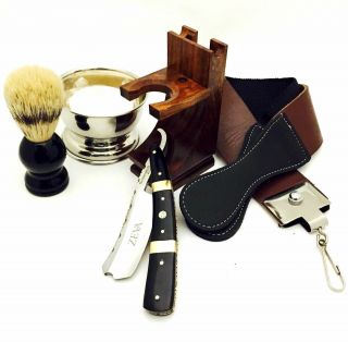 7 Pc Vintage Buffalo Horn Wet Straight Razor Shaving Set Kit In Gift Box