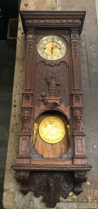 Antique Gustav Becker Wall Clock 43” Carved Wood