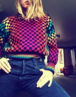 Liz Freeman Cornwall Vintage 80s Knit Jumper 100 Wool Geometric Rainbow S M