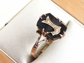 Antique/Vintage 9ct Rose Gold,  Onyx And Initial ‘J’ Ring,  c.  1920 - Size M,  1/2 2