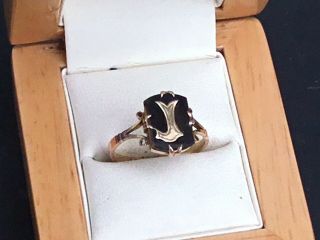 Antique/Vintage 9ct Rose Gold,  Onyx And Initial ‘J’ Ring,  c.  1920 - Size M,  1/2 3