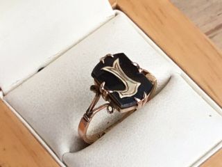 Antique/Vintage 9ct Rose Gold,  Onyx And Initial ‘J’ Ring,  c.  1920 - Size M,  1/2 4