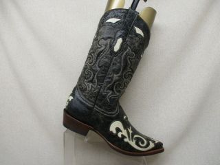 Corral Vtg Distress Black White Inlay Lizard Leather Cowboy Boots Mens Size 9 D