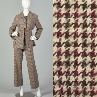 Medium 1970s Brown Houndstooth Wool Pant Suit Vtg Belted Jacket Patch Pockets